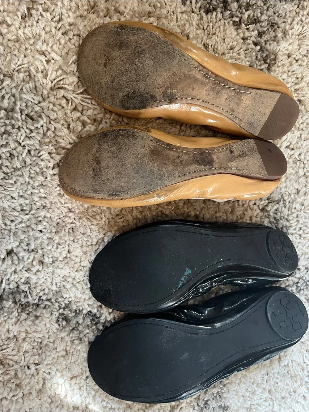 TORY BURCH Patent Leather Ballet Flats in Tan and Black - 2 Pairs!